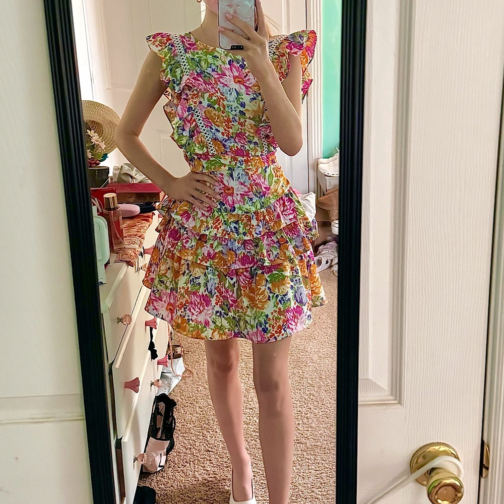 Dress Floral Bright Colors pink orange ruffle dress NWT